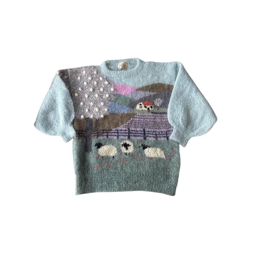 Susie Lee Covent Garden Hand Knit Mohair Sheep Sweater Blue Grey England   M/L